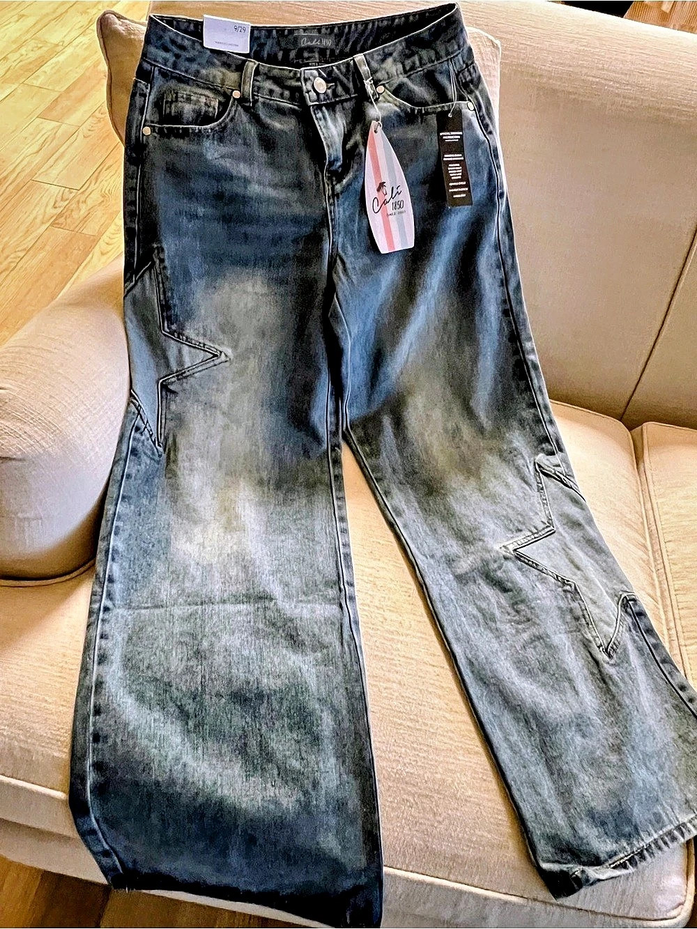 Cali 1850 Star Patch Low Rise Baggy Wide Leg Jeans Blue 9/29 NWT